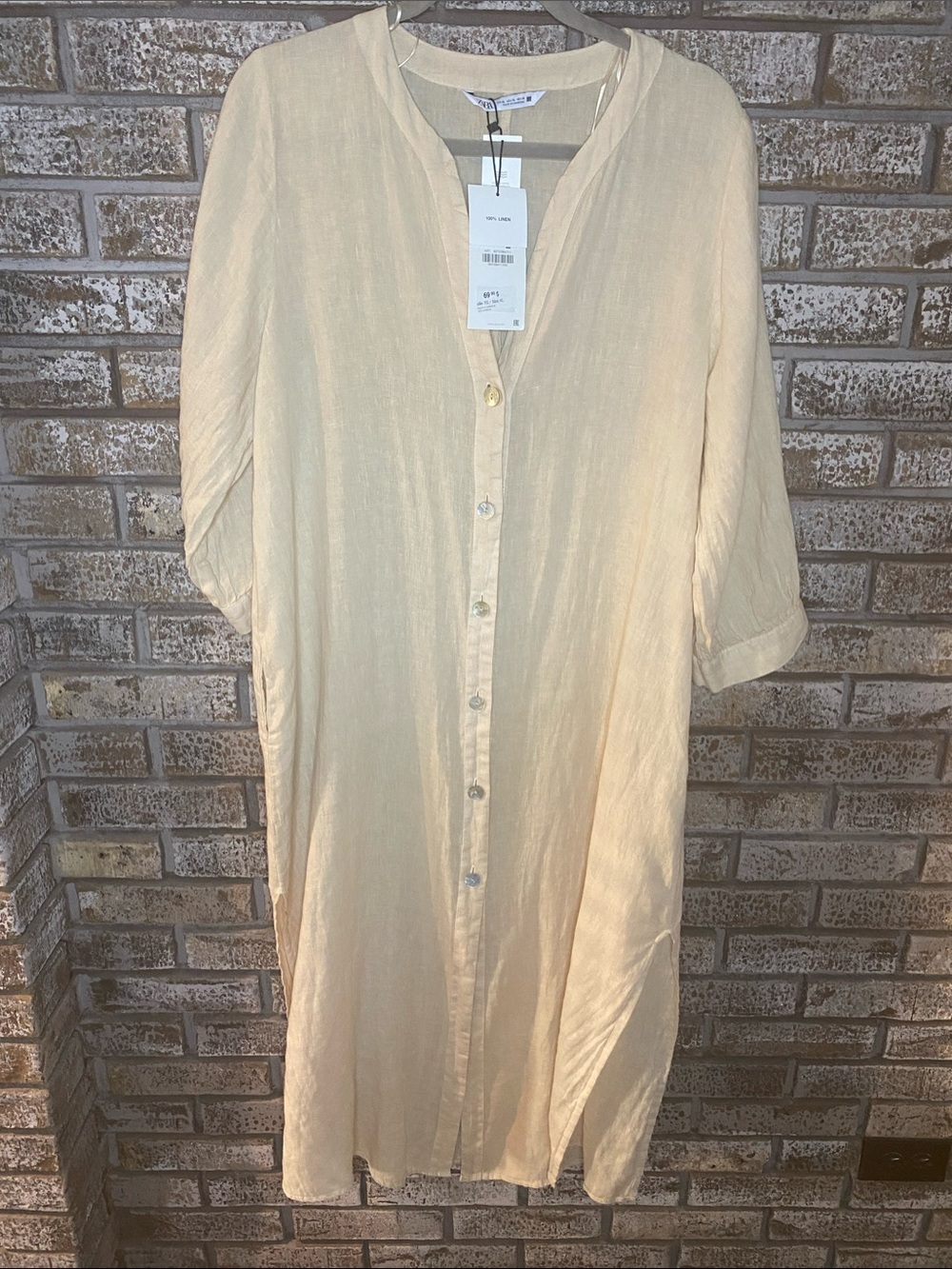 NWT Zara Beige Linen Button-Front Dress